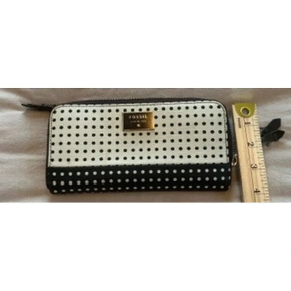 Fossil Black White Polka Dot Zip Around Clutch Wristlet Wallet Gold Logo